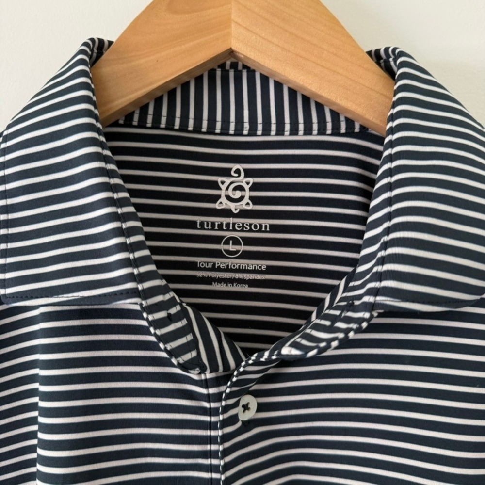 Turtleson Tour Performance Golf Polo Shirt Mens Large Navy Blue White Striped L